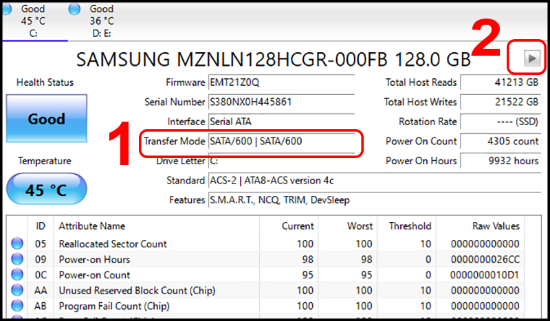 Phần Transfer Mode thể hiện chuẩn cắm ổ cứng